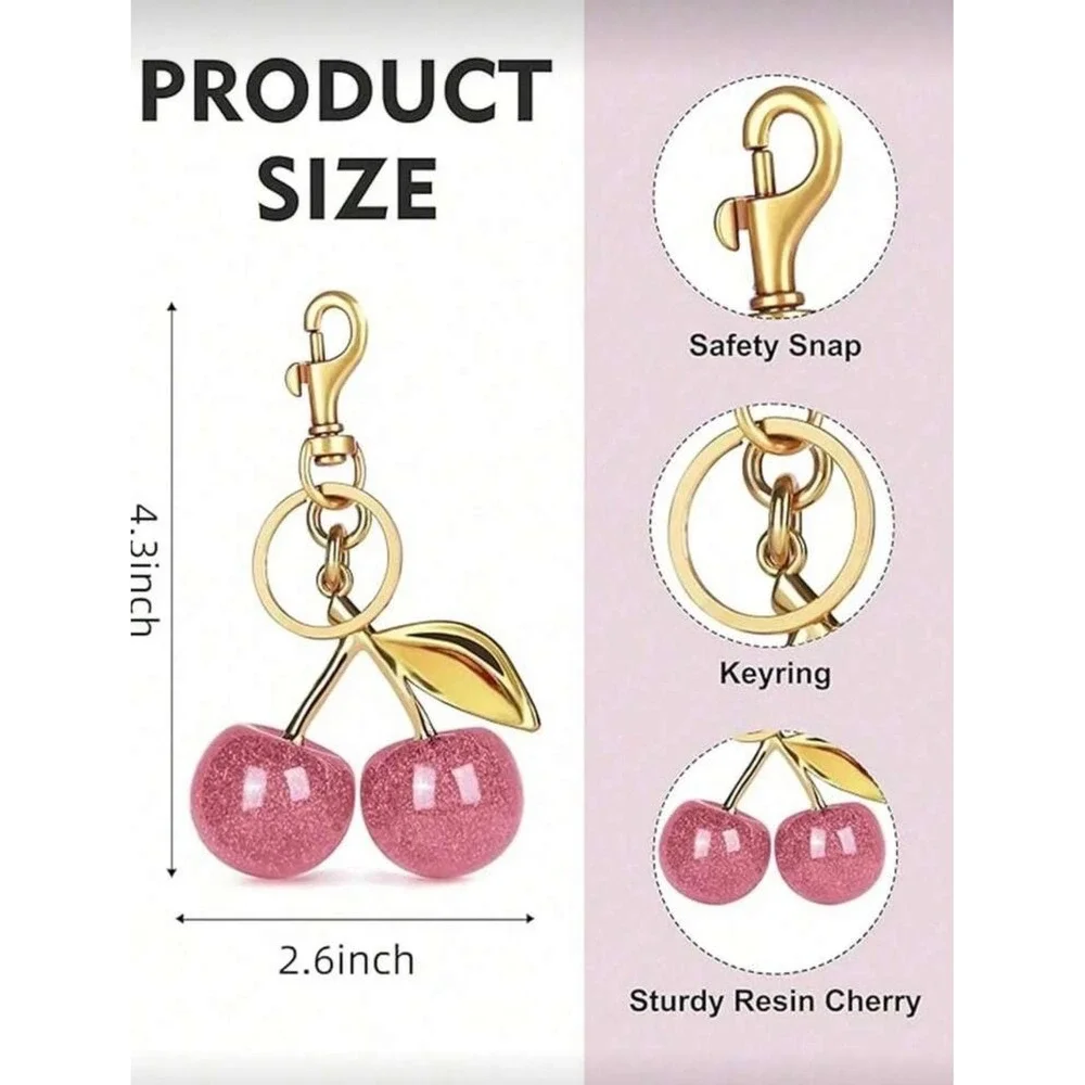 Pink Glitter Cherry‎ Bag Charm Keychain Gold Tone Resin Fruit Pendant Accessory